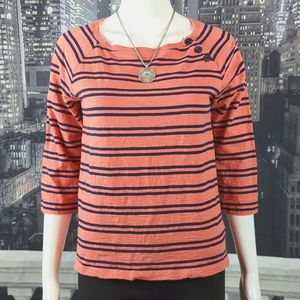 Joe Fresh sz M 100% Cotton Striped 3/4 Sleeve Top with Button Accents.